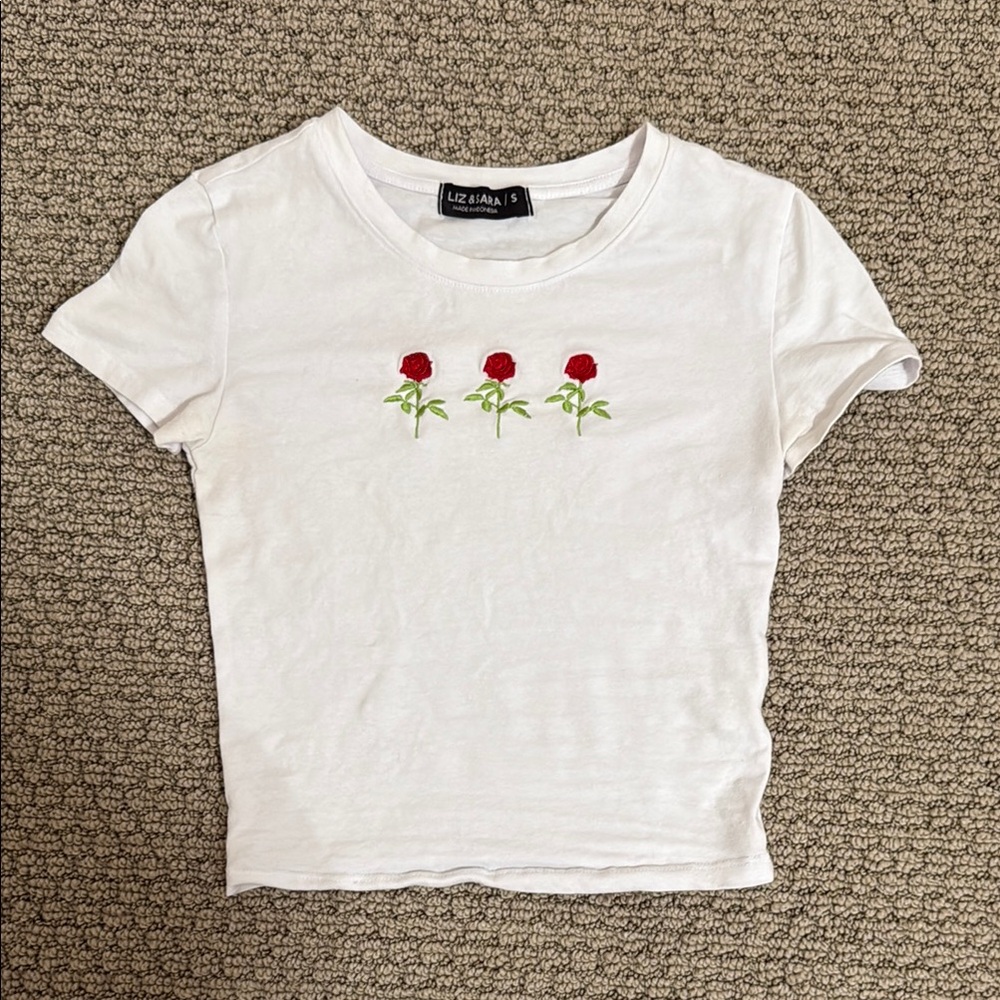 White T-Shirt with Red Rose Embroidery